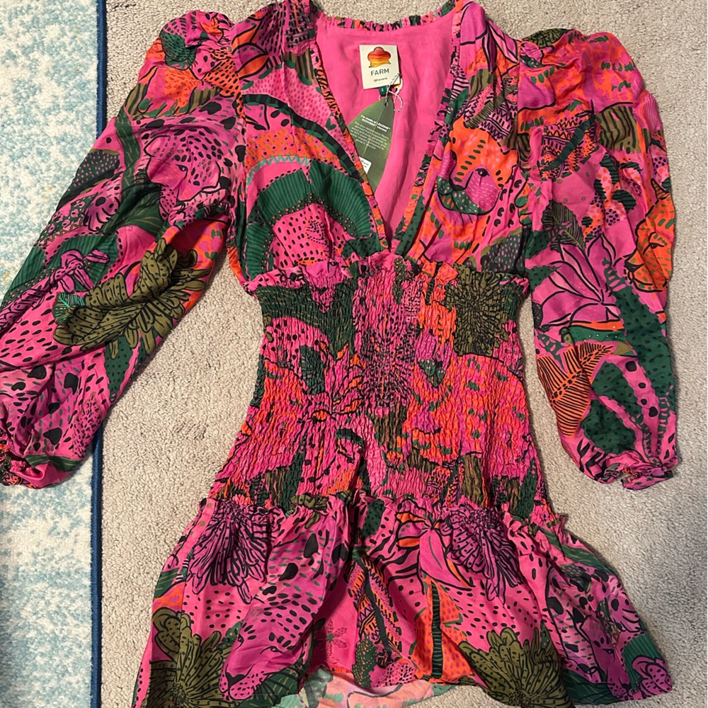 Farm Rio Vibrant Pink and Green Floral Dress